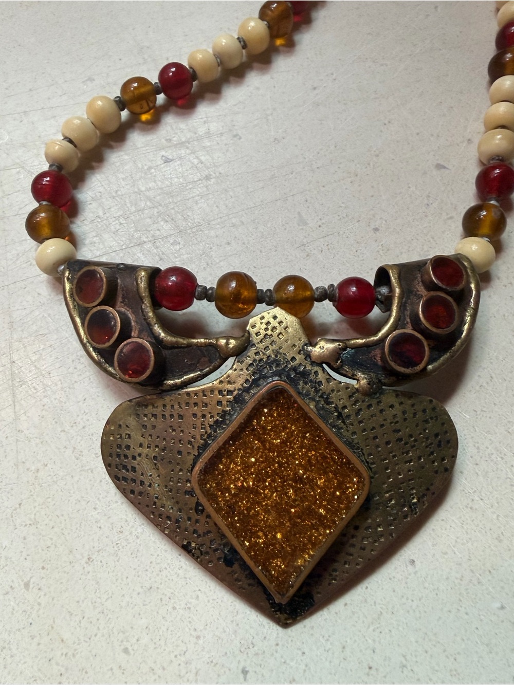 Handmade Brass Beaded Necklace w/Glitter Resin Centerpiece EUC!